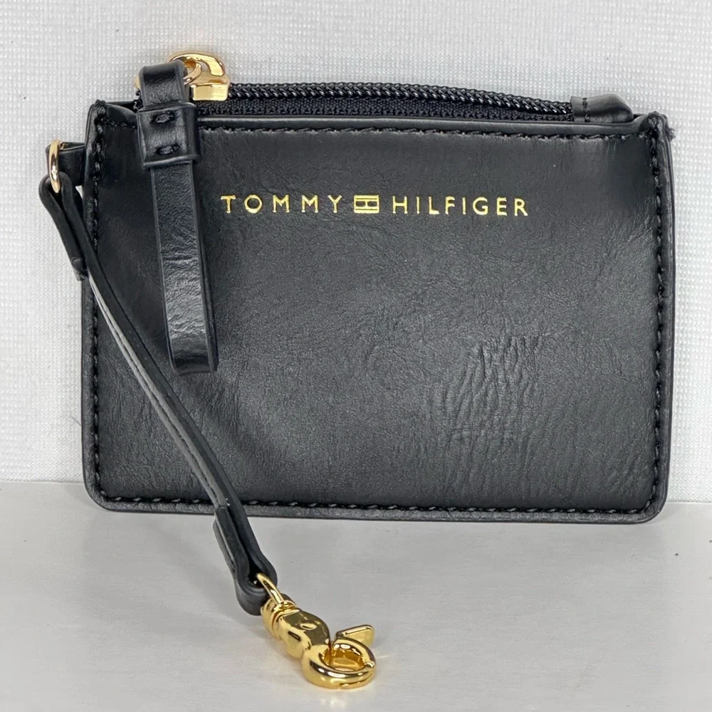 Tommy Hilfiger Coin Purse Black Faux Leather‎ Gold Letter Logo